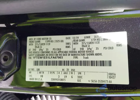 2020 Ford F-150 Lariat z USA, uszkodzony, nr VIN 1FTEW1E51LFA67903